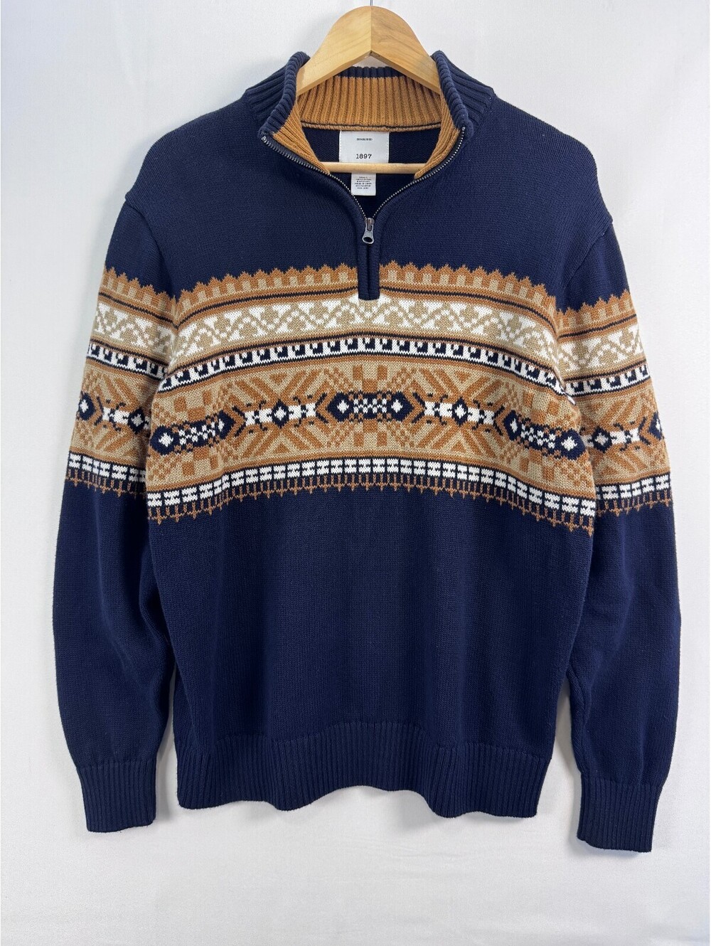 Heritage Fair Isle Nordic Quarter Zip Sweater Navy Après Ski Cotton Mens L